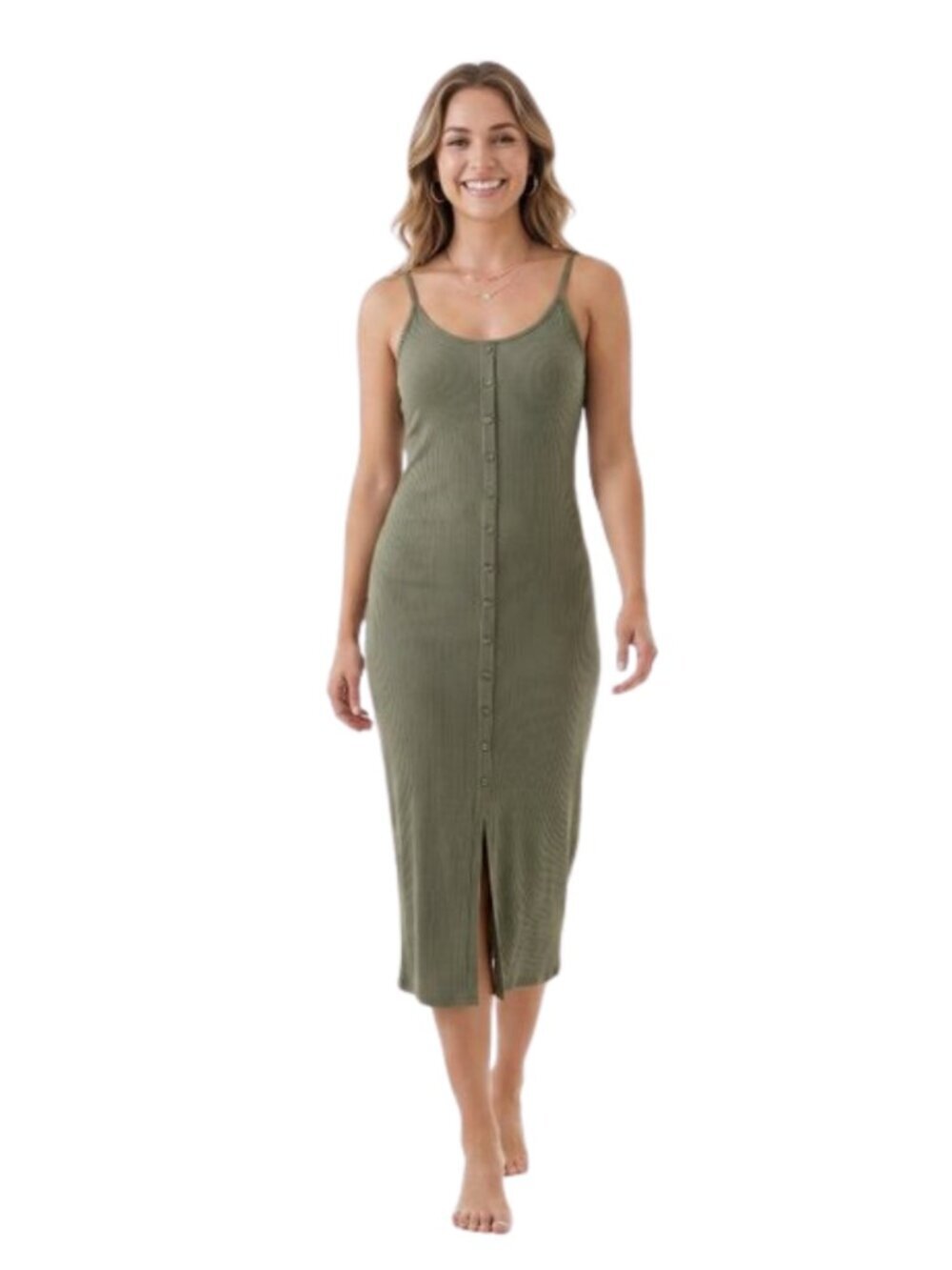 MUDD Y2K Style Olive Green Ribbed Faux Button Front Midi Sundress Medium